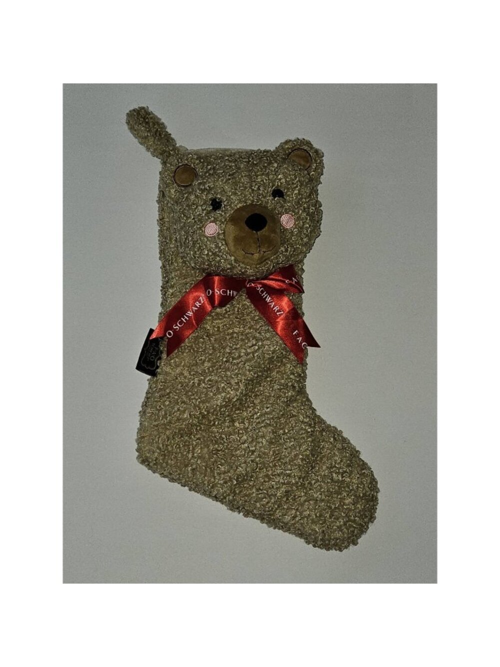 VTG FAO Schwarz Christmas Stocking Plush Fuzzy Brown Teddy Bear Red Bow
